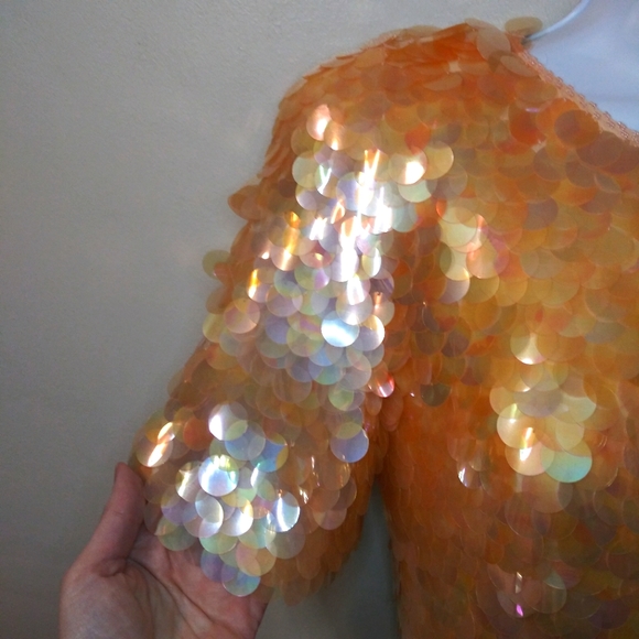 Vintage 80's Black Tie Oleg Cassini Peach Spangled "Mermaid" Cocktail Dress - Picture 5 of 13